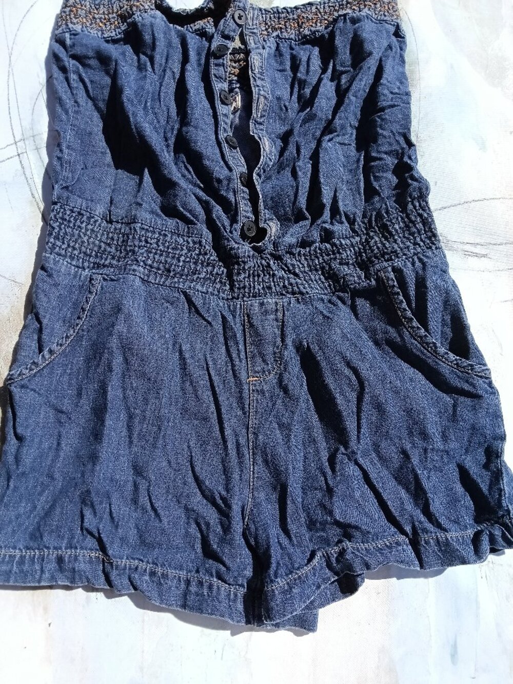 Women's denim shorts with button down chest top. Easy to take off, let me noPos.